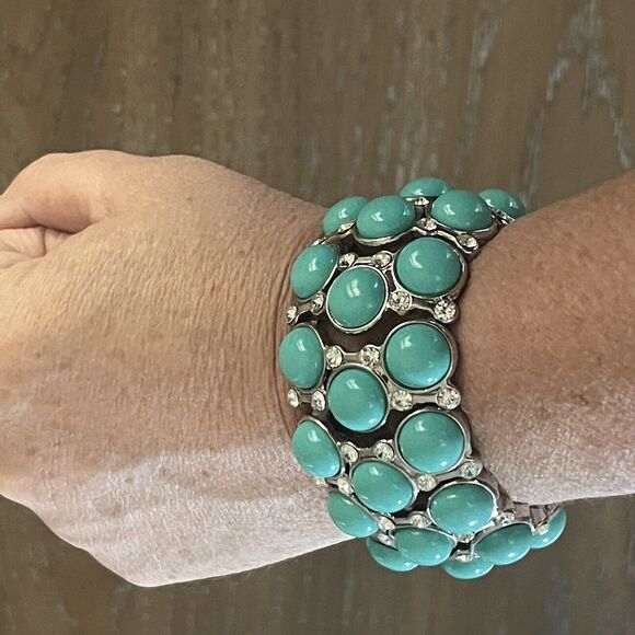 Faux Turquoise Silver Rhinestone Bracelet Women One Size Stretch Aztec Fashion - Picture 5 of 5